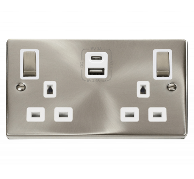 Click Deco 13A 2 Gang Switched Socket Outlet With Type A & C USB (4.2A) Outlets Satin Chrome/White Insert