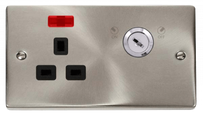 Click Deco 13A 1 Gang DP Key Lockable Switched Socket With Neon (Double Plate) Satin Chrome/Black Insert