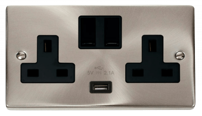 Click Deco 13A 2 Gang Switched Socket Outlet With Single 2.1A USB Outlet  Satin Chrome/Black Insert