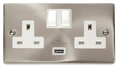 Click Deco 13A 2 Gang Switched Socket Outlet With Single 2.1A USB Outlet Satin Chrome/White Insert
