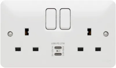 Hager Sollysta 13A 2 Gang Double Pole Switched Socket USB C+C Ports