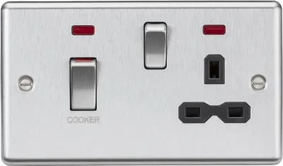 K/Bridge 45A DP Switch & 13A Socket with Neons - Brushed Chrome with Black Insert