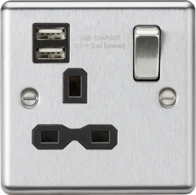 K/Bridge 13A 1G SP Switched Socket with Dual USB A+A (5V DC 2.4A shared) - Brushed Chrome