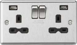 K/Bridge 13A 2G SP Switched Socket with Dual USB A+A (5V DC 2.4A shared) - Brushed Chrome with Black Insert
