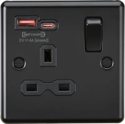 K/Bridge 13A 1G SP Switched Socket with Dual USB A+C 12V DC 1.5A [Max. 18W] - Matt Black with Black Insert