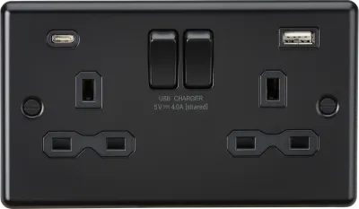 K/Bridge 13A 2G SP Switched Socket with Dual USB A+C (5V DC 4.0A shared) - Matt Black with Black Insert