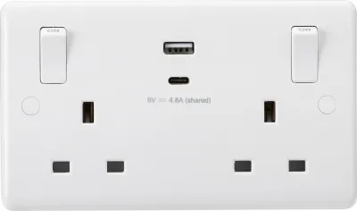 K/Bridge 13A 2G SP Switched Socket with Dual USB A+C (5V DC 4.8A shared) with Outboard Rockers