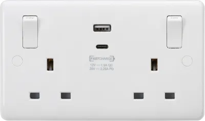 K/Bridge 13A 2G SP Switched Socket with Dual USB A+C 20V DC 2.25A (Max. 45W) with Outboard Rockers