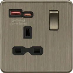 K/Bridge 13A 1G Switched Socket with dual USB A+C [18W FASTCHARGE] - Antique Brass